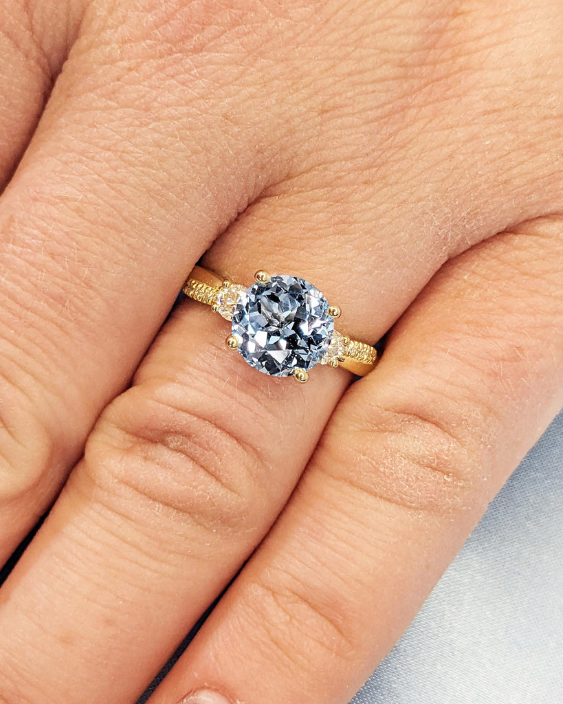 Diamond & Aquamarine Engagement Ring, 3 Stone Ring, Round Aquamarine Blue Gemstone Ring, Twisted Band Bridal Ring, 14K Gold March Birthstone