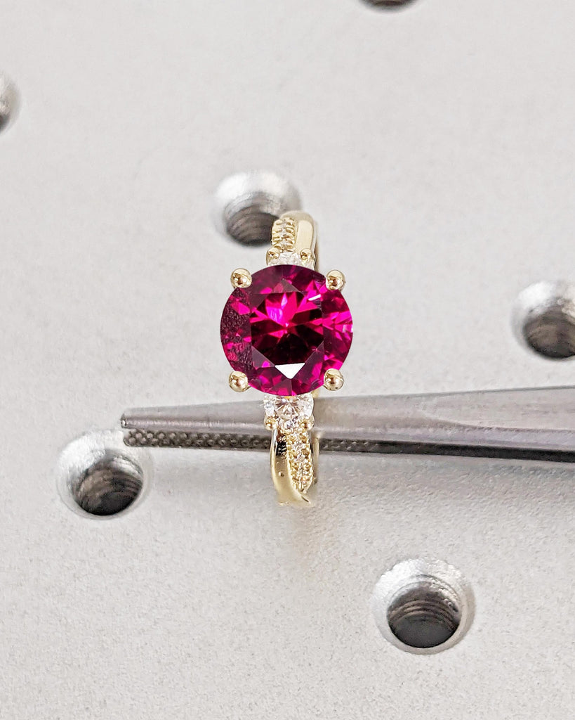 Round Three Stone Engagement Ring, Red Ruby & Diamond Ring, Lab Ruby Ring, Twisted Band Bridal Ring, 14K Gold July Birthstone Ring for Women
