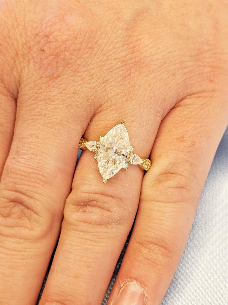 14k Solid Gold Engagement Ring, Personalized Statement Ring, 2.5ct Lab Grown Diamond Ring, Marquise Ring for Women, Unique Anniversary Rings