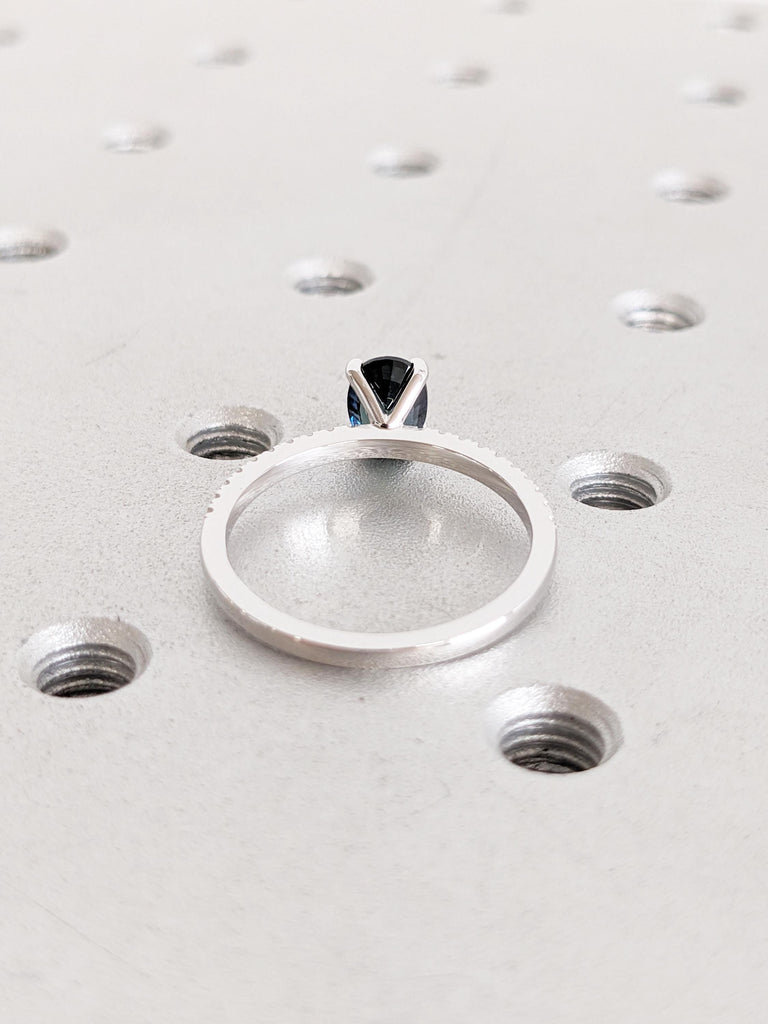 One of a Kind Teal Sapphire Engagement Ring, Oval Blue Green Sapphire Ring, Moissanite Half Eternity Ring, White Gold Ring, Birthstone Ring