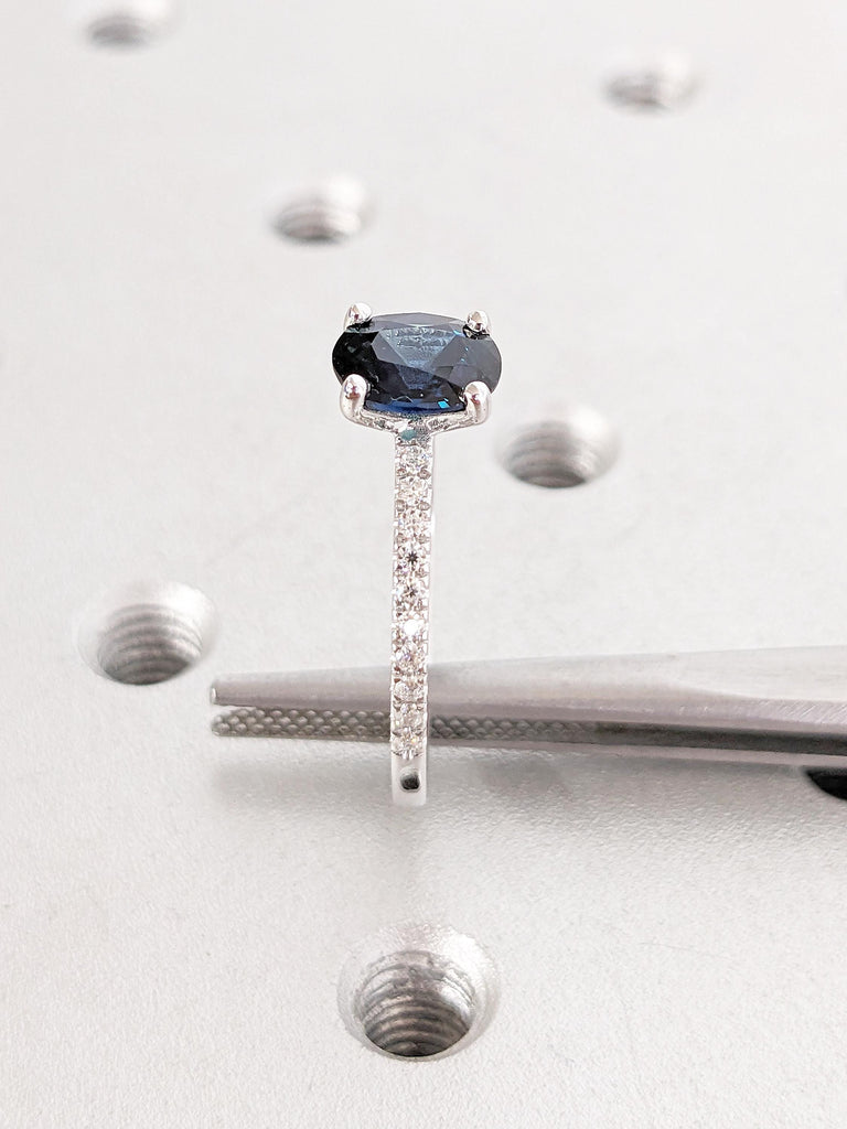 One of a Kind Teal Sapphire Engagement Ring, Oval Blue Green Sapphire Ring, Moissanite Half Eternity Ring, White Gold Ring, Birthstone Ring