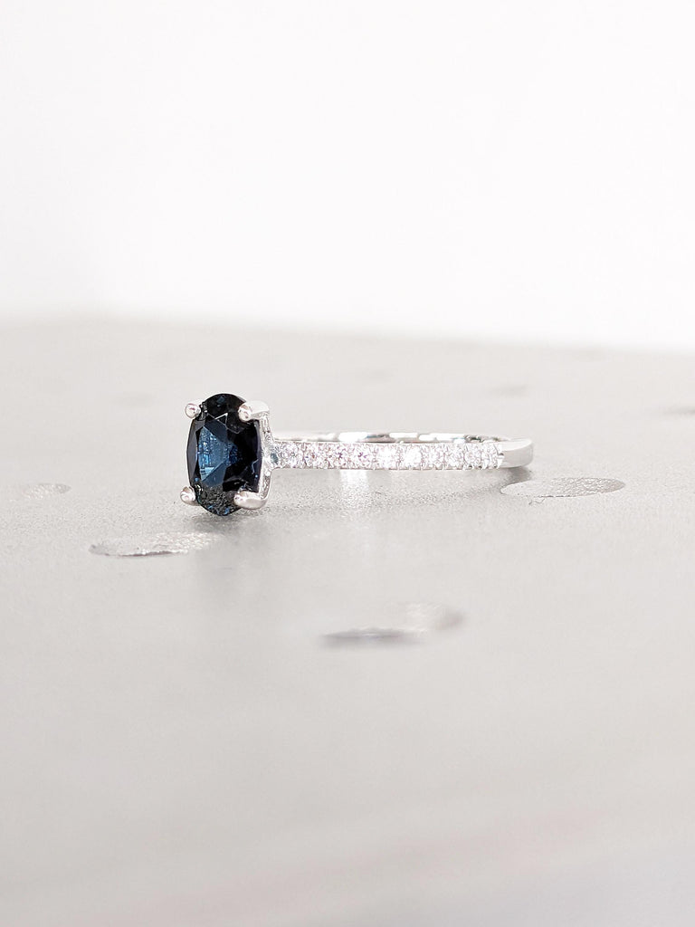 One of a Kind Teal Sapphire Engagement Ring, Oval Blue Green Sapphire Ring, Moissanite Half Eternity Ring, White Gold Ring, Birthstone Ring