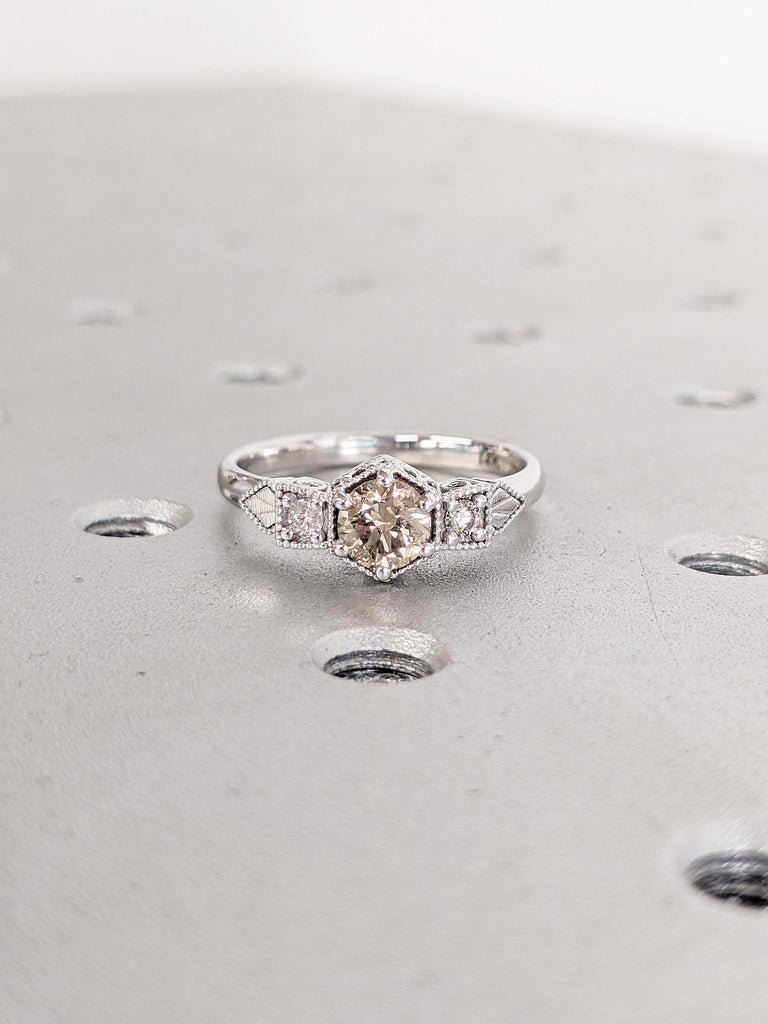 Round Champagne Diamond Ring, White Gold Ring, Milgrain Engagement Ring, Antique Ring, Vintage Style Ring, Moissanite and Brown Diamond Ring