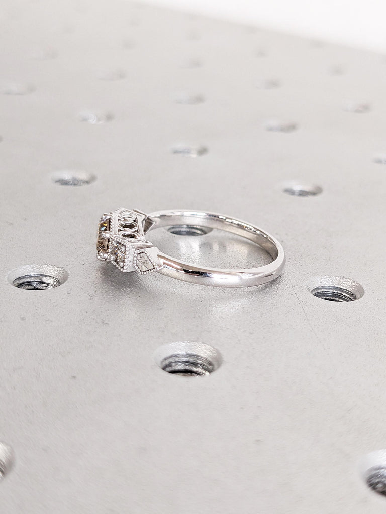 Round Champagne Diamond Ring, White Gold Ring, Milgrain Engagement Ring, Antique Ring, Vintage Style Ring, Moissanite and Brown Diamond Ring