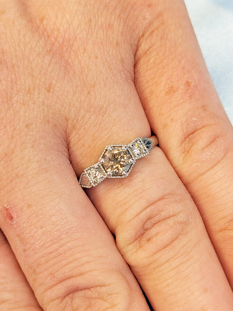 Vintage Champagne Diamond Ring, 14k Gold Engagement Ring, Unique Bridal Ring, Art Deco Diamond Ring, Promise Ring for Her, Anniversary Gift