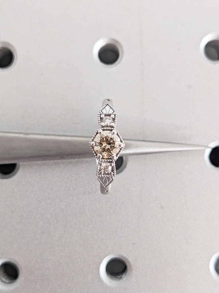 Round Champagne Diamond Ring, White Gold Ring, Milgrain Engagement Ring, Antique Ring, Vintage Style Ring, Moissanite and Brown Diamond Ring