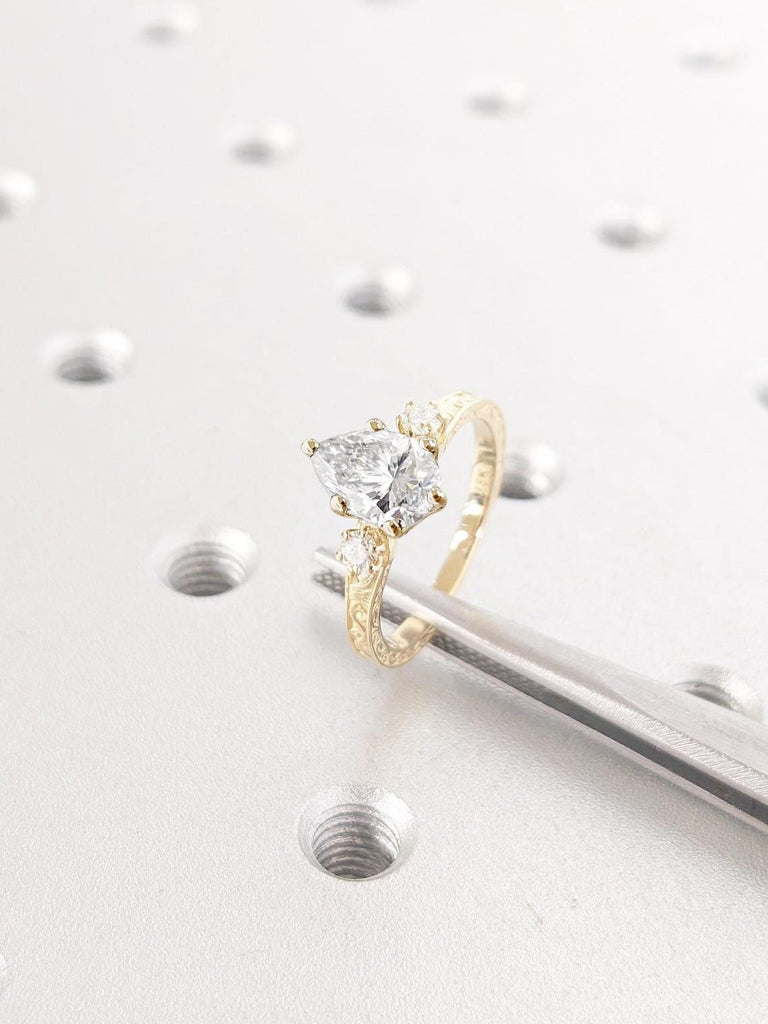 Pear cut Lab Grown Diamond Engagement Ring for Her | Hand Engraved Gold Ring | Scrollwork Wedding Ring