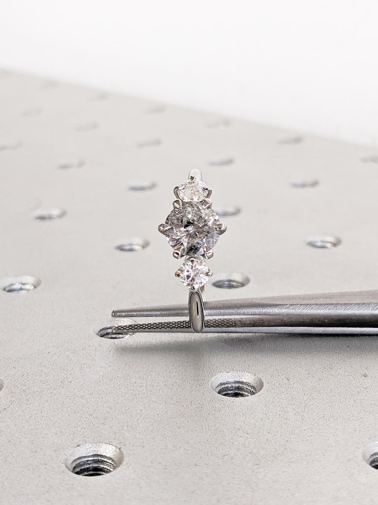 Vintage Engagement Ring, Round Salt and Pepper Diamond and Moissanite Trellis Ring, Polished Finished Platinum Ring, Art Deco Statement Ring