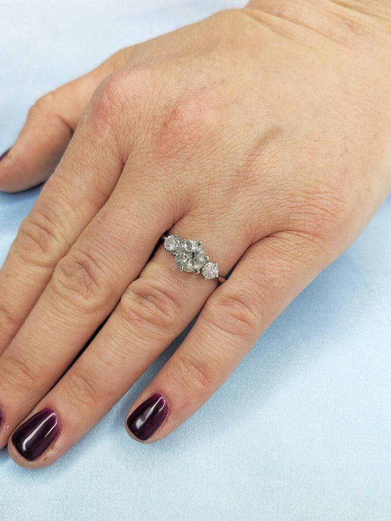 Round Salt and Pepper Diamond Ring, Polished Finished Platinum Engagement Ring, Three Stone Ring, Unique Wedding Ring, Promise Ring for Her