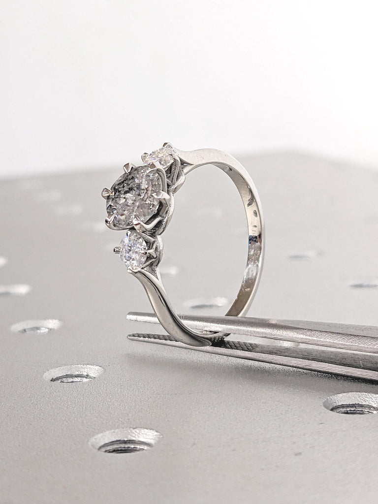 Round Salt and Pepper Diamond Ring, Polished Finished Platinum Engagement Ring, Three Stone Ring, Unique Wedding Ring, Promise Ring for Her