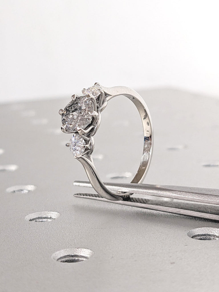 Vintage Engagement Ring, Round Salt and Pepper Diamond and Moissanite Trellis Ring, Polished Finished Platinum Ring, Art Deco Statement Ring