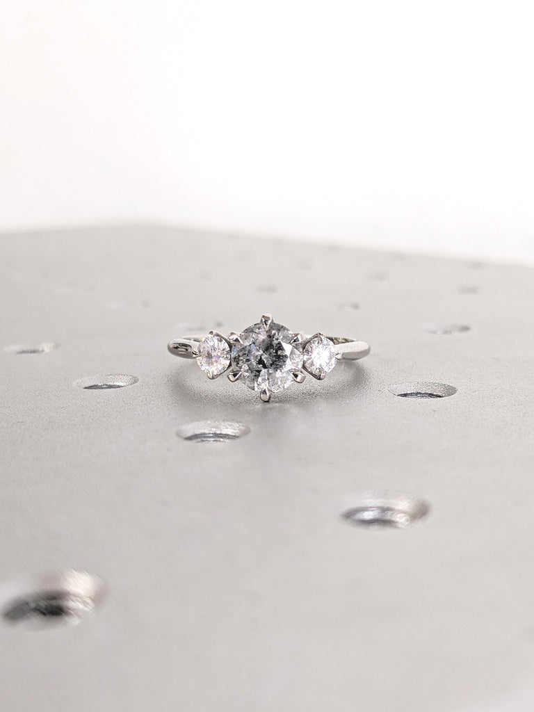 Round Salt and Pepper Diamond Ring, Polished Finished Platinum Engagement Ring, Three Stone Ring, Unique Wedding Ring, Promise Ring for Her