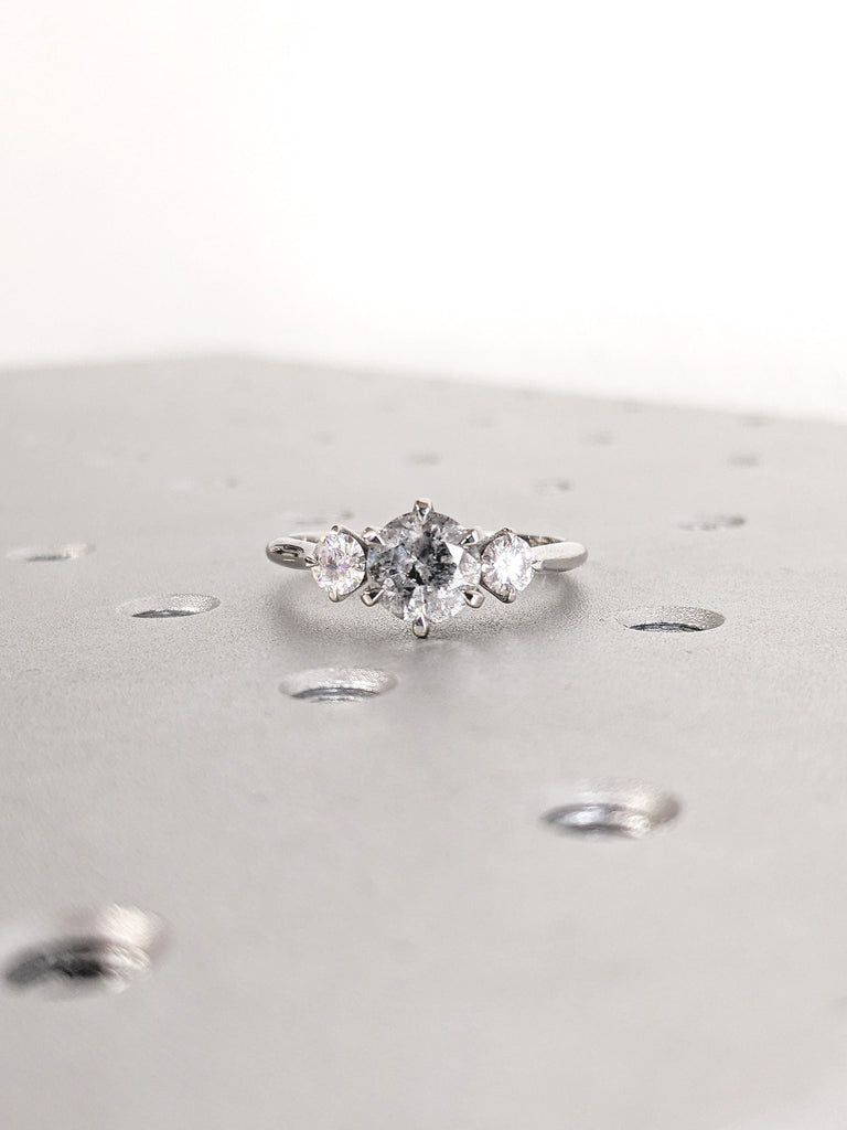 Vintage Engagement Ring, Round Salt and Pepper Diamond and Moissanite Trellis Ring, Polished Finished Platinum Ring, Art Deco Statement Ring