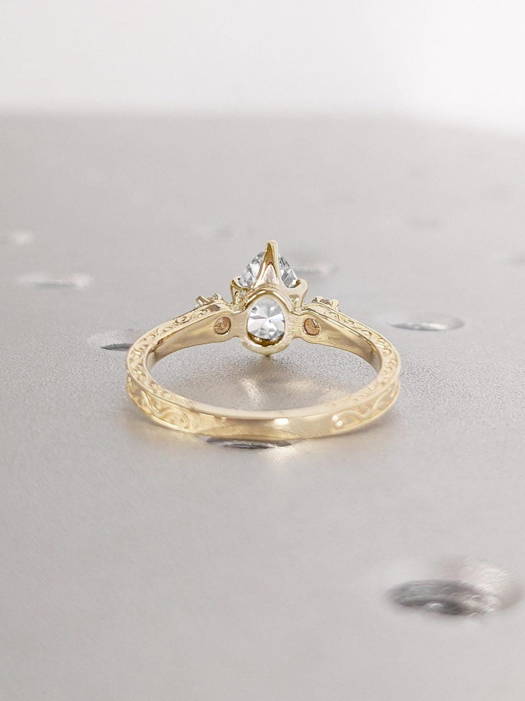 Pear and Round cut White Moissanite Gold Engagement Ring | 18k Yellow Gold Promise Anniversary Ring | Gift for Her Wife, Vintage Bridal Ring