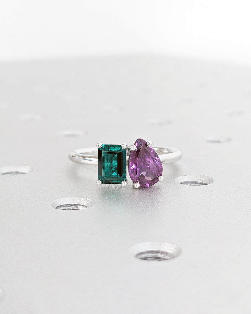 Emerald & Alexandrite Ring - Emerald Cut and Pear Engagement Ring - Toi et Moi Engagement Ring - 14K White Gold Ring - Green and Purple Ring