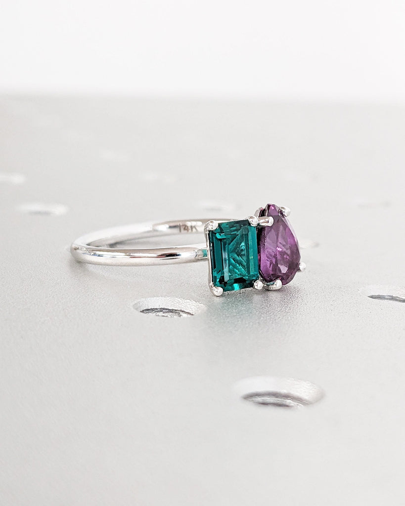 Toi et Moi Ring | Dual Birthstone Ring | Pear Emerald Toi et Moi Ring | Emerald & Alexandrite Wedding Ring | Solid Gold Ring | Gift For Her