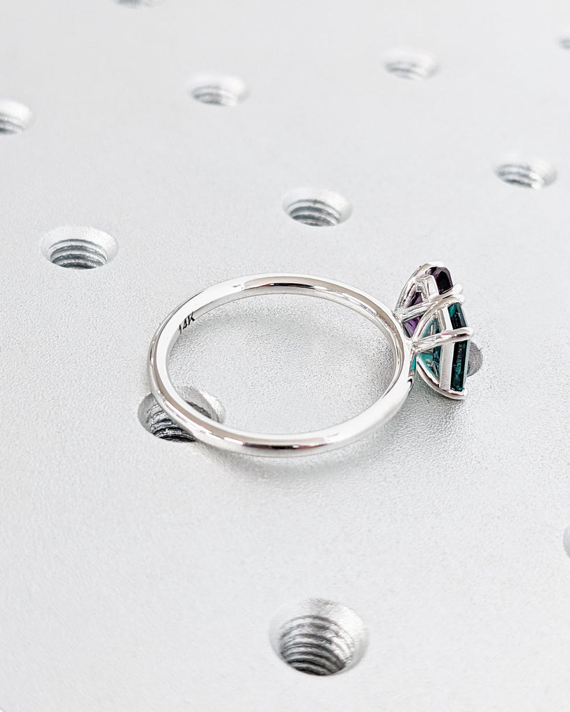 Emerald & Alexandrite Ring - Emerald Cut and Pear Engagement Ring - Toi et Moi Engagement Ring - 14K White Gold Ring - Green and Purple Ring