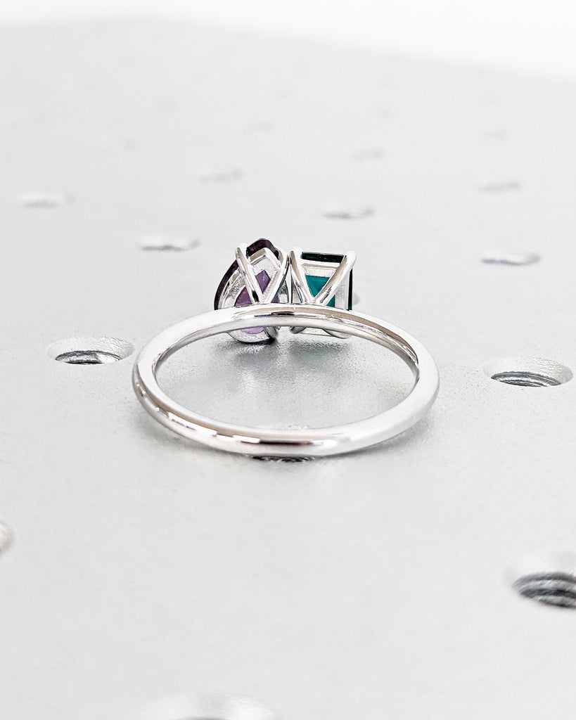 Emerald & Alexandrite Ring - Emerald Cut and Pear Engagement Ring - Toi et Moi Engagement Ring - 14K White Gold Ring - Green and Purple Ring