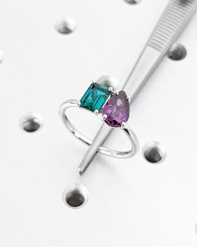 Emerald & Alexandrite Ring, Emerald Cut and Pear Cut Engagement Ring, Toi et Moi Engagement Ring, Two Stone Ring, Green and Purple Ring, 14K White Gold Ring