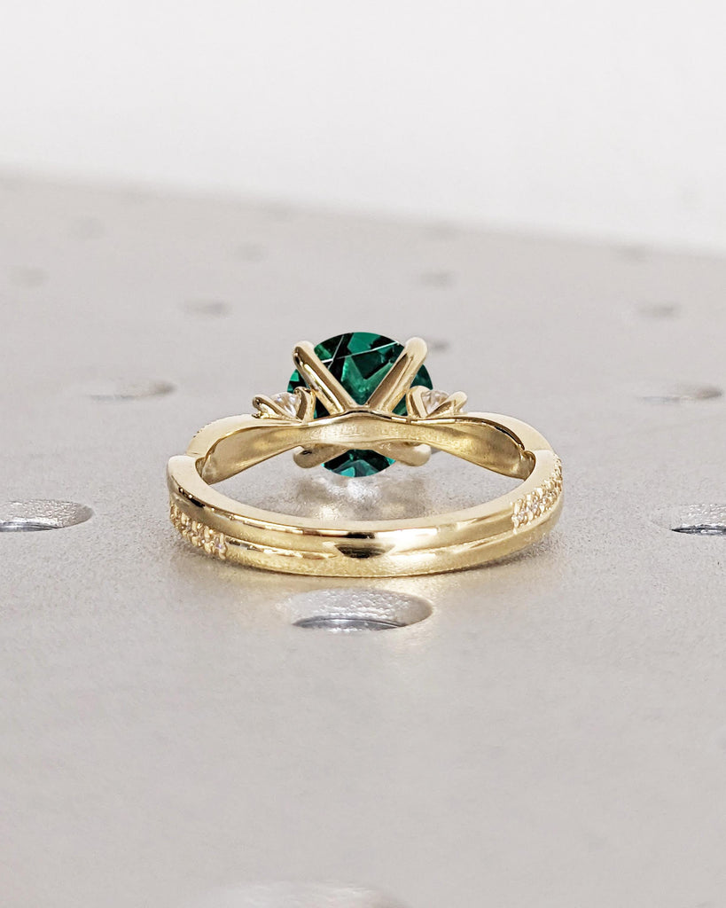 Lab Grown Emerald Ring: Round Cut Emerald with Diamond or Moissanite Accents, 14K Yellow Gold, Twisted Band Ring, Anniversary Ring