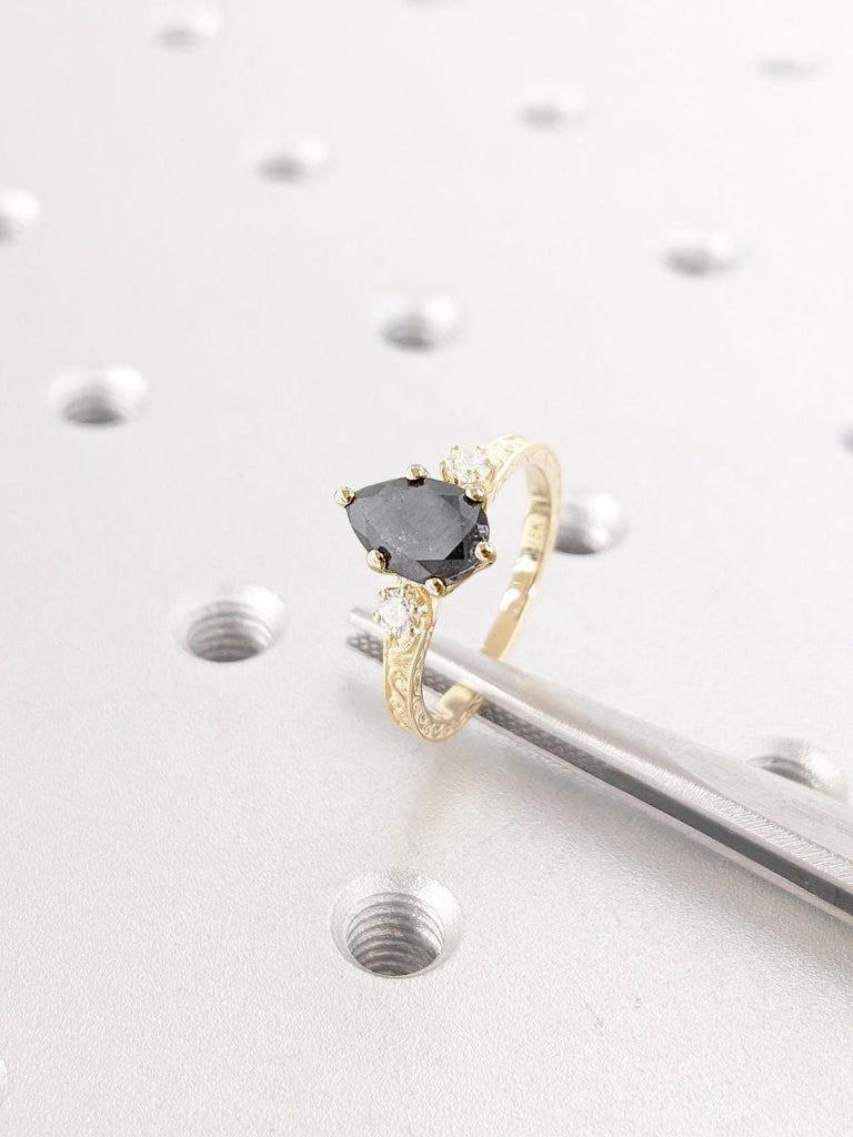 1 Carat Salt and Pepper Diamond Pear cut Engagement Ring | 14k 18k Gold Rings for Women | Vintage Engagement Ring