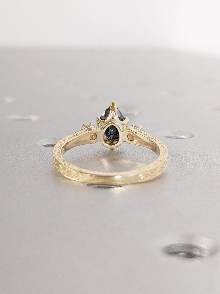 Raw Salt and Pepper Grey Diamond Engagement Ring in 18k Gold | Pear and Round cut Three Stone Ring | Yellow Gold Promise Ring | Gift for Her