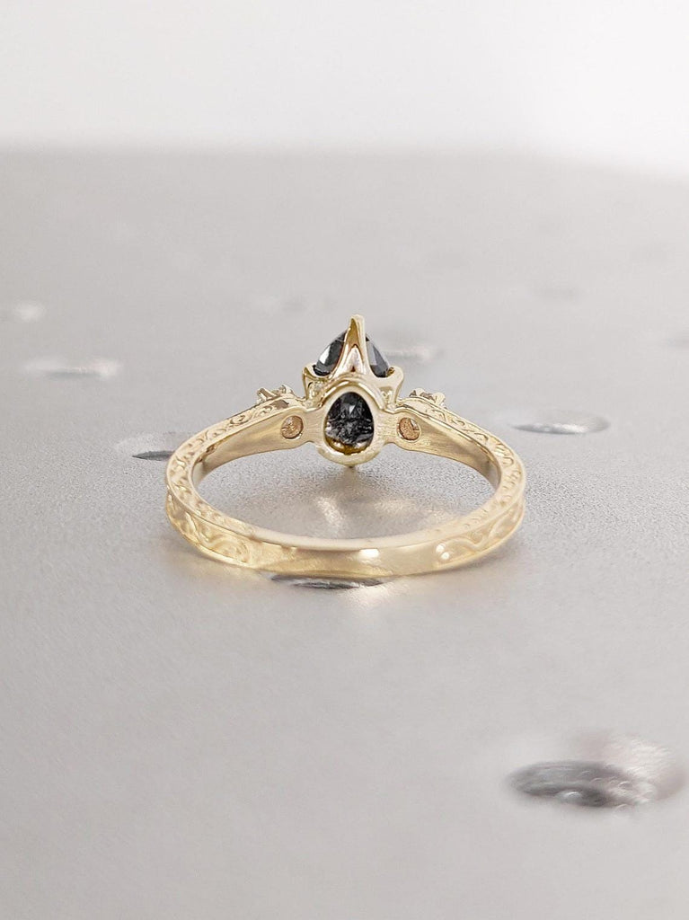 Pear cut Natural Black Diamond Salt and Pepper Ring | 14k 18k Yellow Gold Vintage Engagement Ring for Women | Handmade Filigree Wedding Band