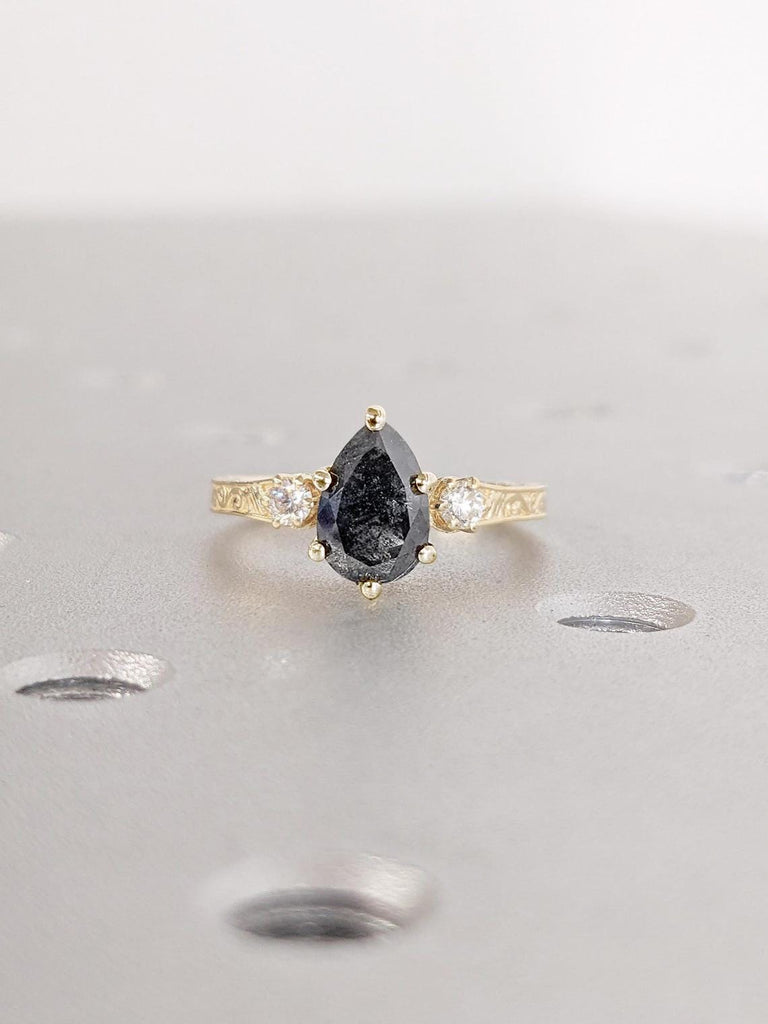 Raw Salt and Pepper Grey Diamond Engagement Ring in 18k Gold | Pear and Round cut Three Stone Ring | Yellow Gold Promise Ring