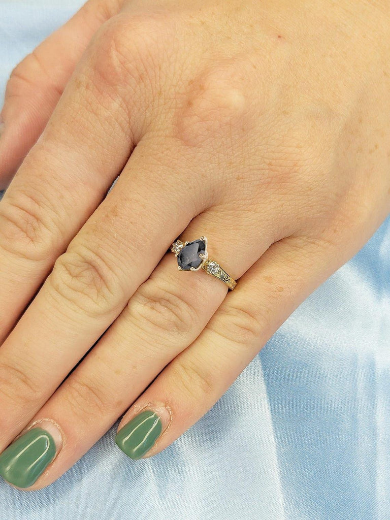 Black and White Diamond Ring | 18k Gold Engagement Ring | 1CT Salt and Pepper Black Diamond | Pear cut Ring