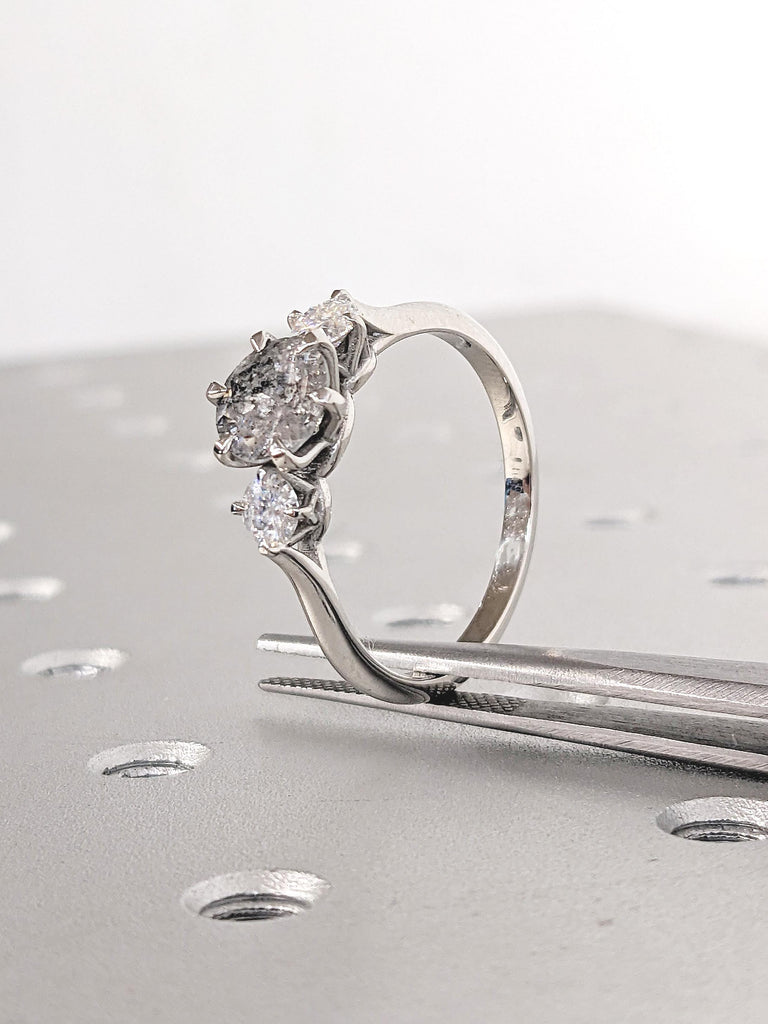 Art Deco Salt and Pepper Diamond Ring | Polished Finished Platinum Engagement Ring | Vintage 3 Stone Ring | Moissanite and Grey Diamond Ring
