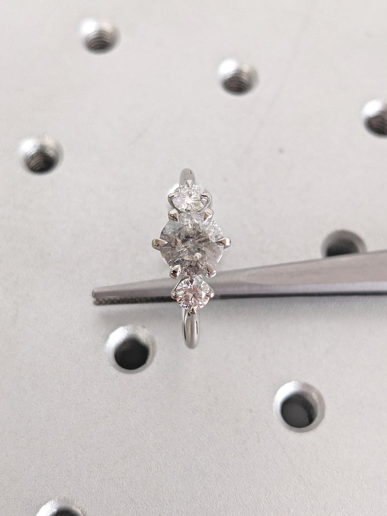 Unique Wedding Rings for Women, Salt and Pepper Diamond Engagement Ring, Polished Ring, Dainty Platinum Ring, Gift for Wife, Handmade Ring