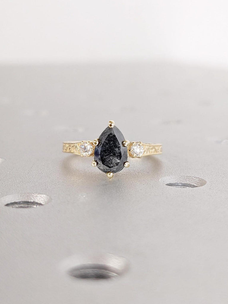 Raw Salt and Pepper Grey Diamond Engagement Ring in 18k Gold | Pear and Round cut Three Stone Ring | Yellow Gold Promise Ring