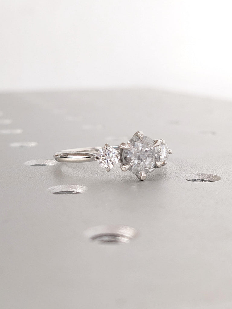 Art Deco Salt and Pepper Diamond Ring | Polished Finished Platinum Engagement Ring | Vintage 3 Stone Ring | Moissanite and Grey Diamond Ring