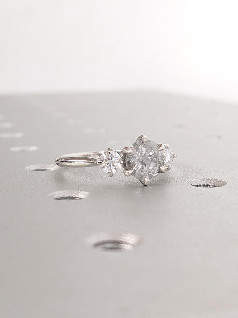 Unique Wedding Rings for Women, Salt and Pepper Diamond Engagement Ring, Polished Ring, Dainty Platinum Ring, Gift for Wife, Handmade Ring