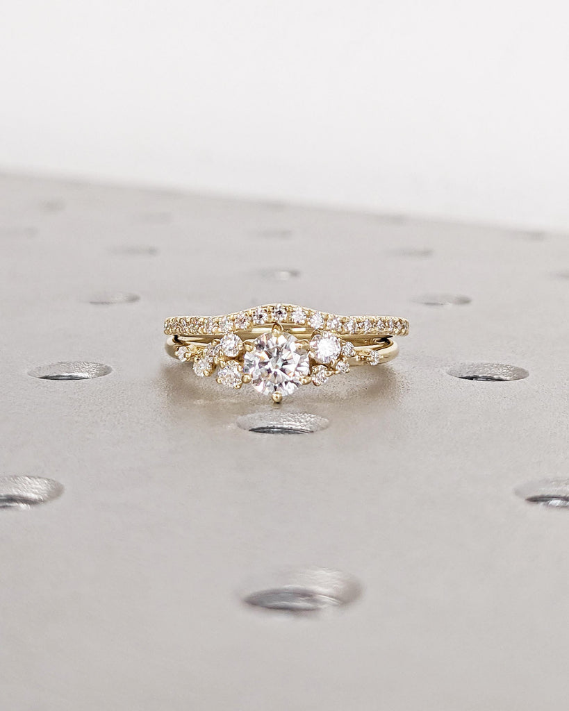 Round Cut VVS Moissanite Art Deco Women Engagement Ring Set | Unique Snowdrift 6 Prongs 14K Gold Moissanite Cluster Wedding Ring Bridal Set