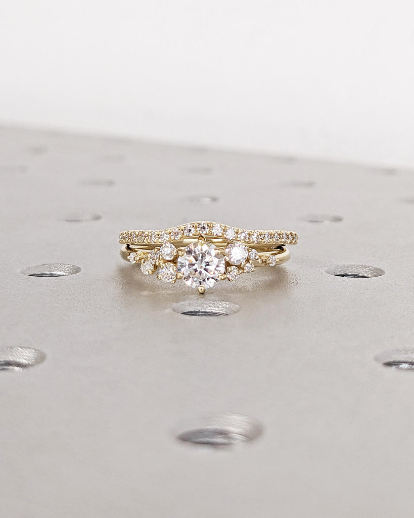 Round Moissanite Ring Vintage Moissanite Engagement Ring Set, Unique Snowdrift 6 Prongs Engagement Ring Cluster Moissanite Wedding Ring Set