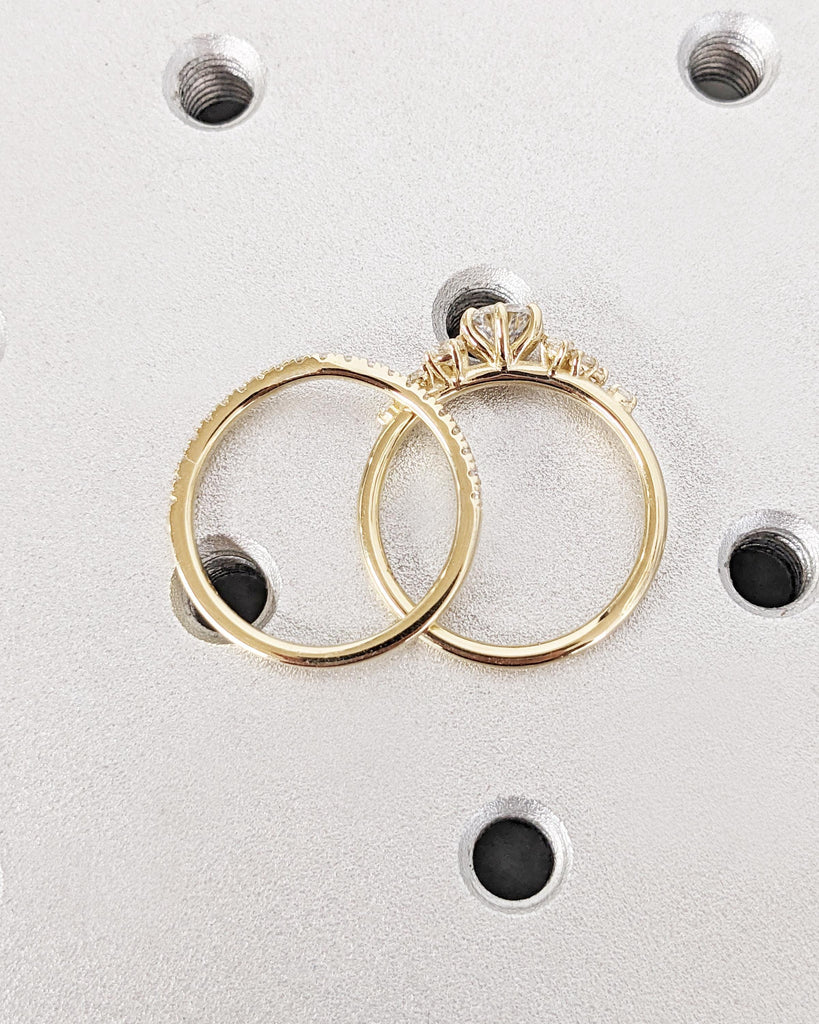 Round Cut VVS Moissanite Art Deco Women Engagement Ring Set | Unique Snowdrift 6 Prongs 14K Gold Moissanite Cluster Wedding Ring Bridal Set