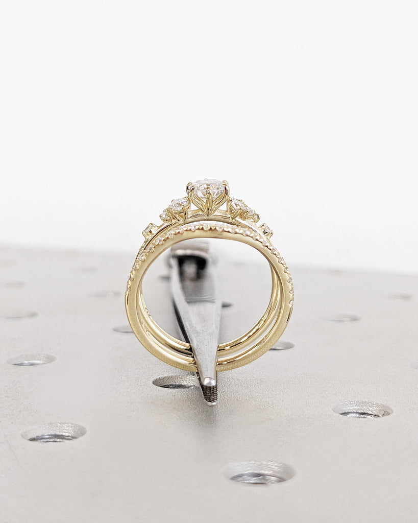 Round Lab Diamond Ring, Vintage Lab Diamond Engagement Ring Set, 14K Gold Unique Snowdrift 6 Prongs Engagement Ring Diamond Wedding Ring Set