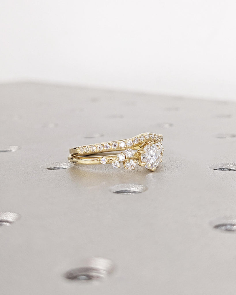 Vintage Round Lab Grown Diamond 14K Yellow Gold Engagement Ring Set, Unique Snowdrift 6 Prong Diamond Cluster Promise Ring Set, Ring for Her