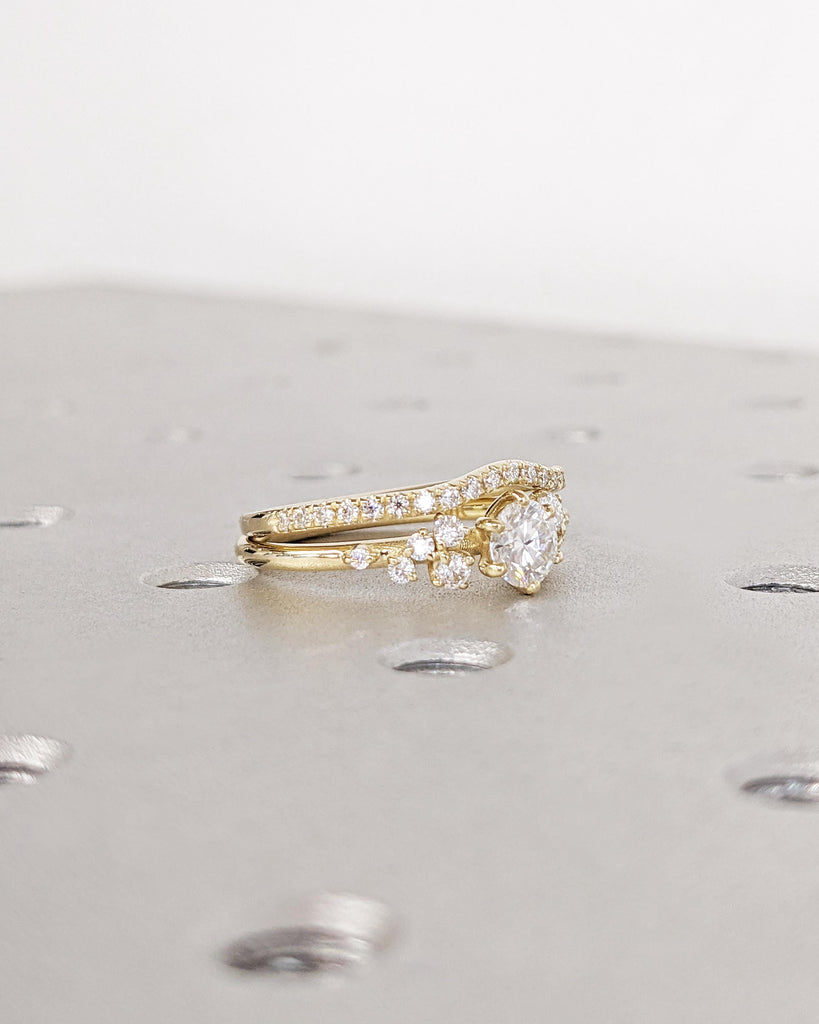 Round Lab Diamond Ring, Vintage Lab Diamond Engagement Ring Set, 14K Gold Unique Snowdrift 6 Prongs Engagement Ring Diamond Wedding Ring Set