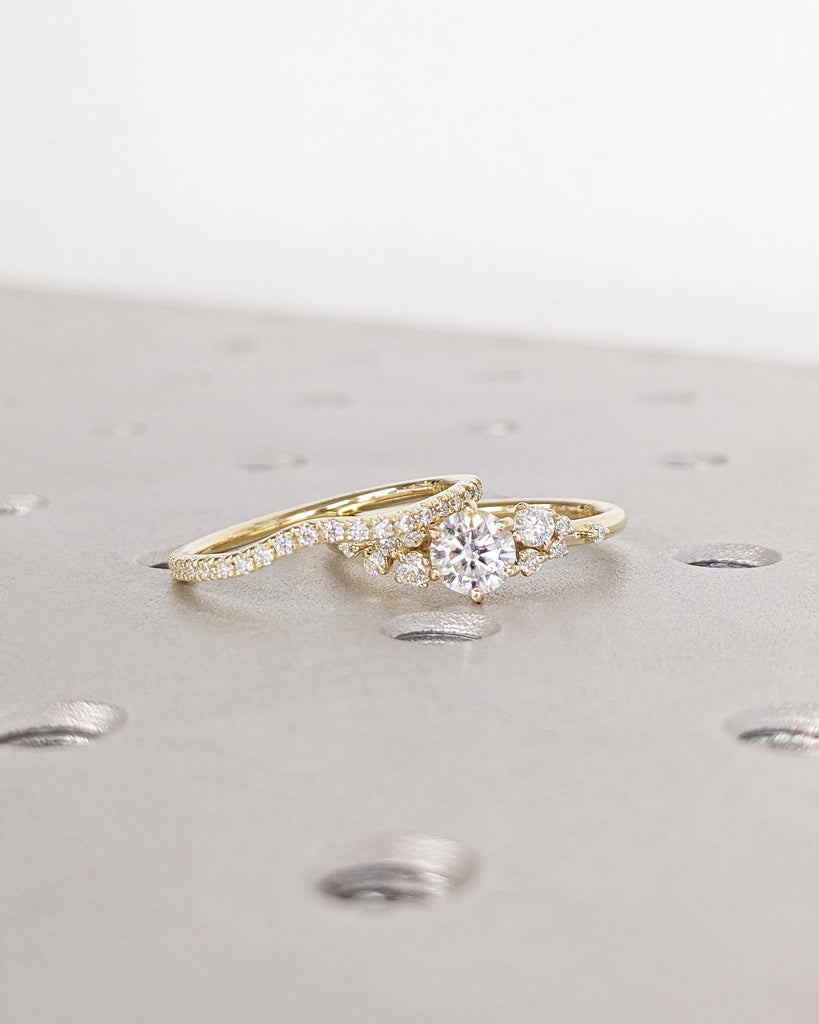 Round Lab Diamond Ring, Vintage Lab Diamond Engagement Ring Set, 14K Gold Unique Snowdrift 6 Prongs Engagement Ring Diamond Wedding Ring Set