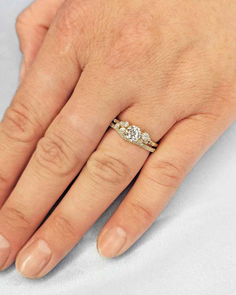 Round Lab Diamond Ring, Vintage Lab Diamond Engagement Ring Set, 14K Gold Unique Snowdrift 6 Prongs Engagement Ring Diamond Wedding Ring Set