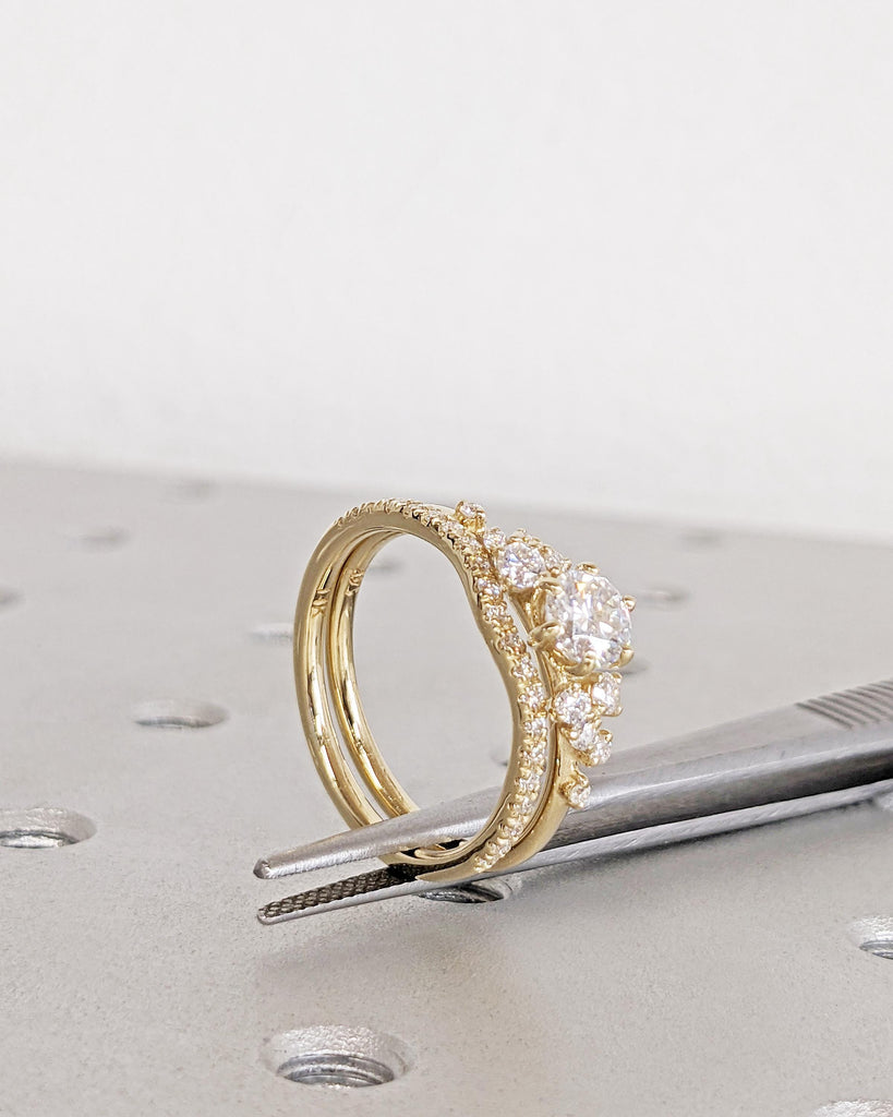 Round Lab Diamond Ring, Vintage Lab Diamond Engagement Ring Set, 14K Gold Unique Snowdrift 6 Prongs Engagement Ring Diamond Wedding Ring Set
