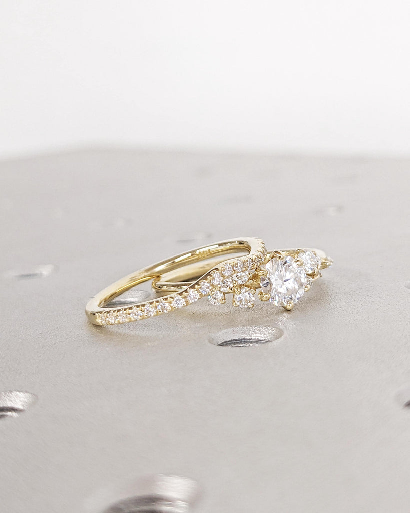 Round Moissanite Ring Vintage Moissanite Engagement Ring Set, Unique Snowdrift 6 Prongs Engagement Ring Cluster Moissanite Wedding Ring Set