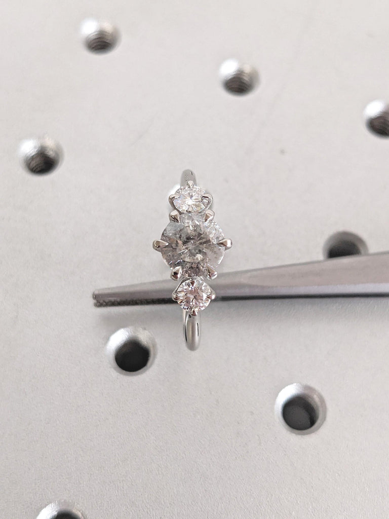 Vintage Engagement Ring, Round Salt and Pepper Diamond and Moissanite Trellis Ring, Polished Finished Platinum Ring, Art Deco Statement Ring