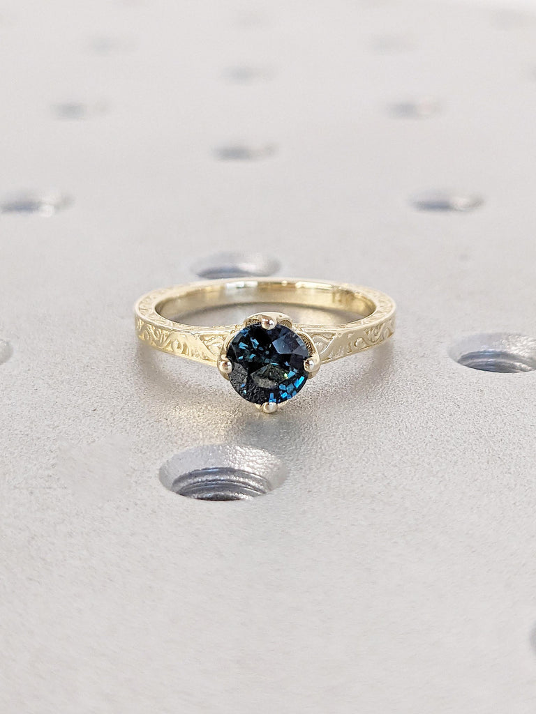 Art Deco Sapphire Engagement Ring - Peacock Blue Green Sapphire - Art Nouveau Vintage Round Cut Ring - Compass Prong Tulip Petal Basket Ring