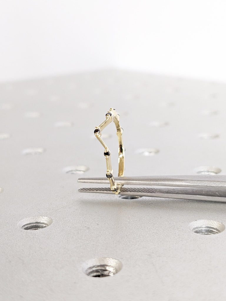 Diamond Wedding Band, 14k Solid Gold Ring, Unique Black Diamond Band, Chevron Wedding Band, Diamond Eternity Ring, Stackable Rings for Women