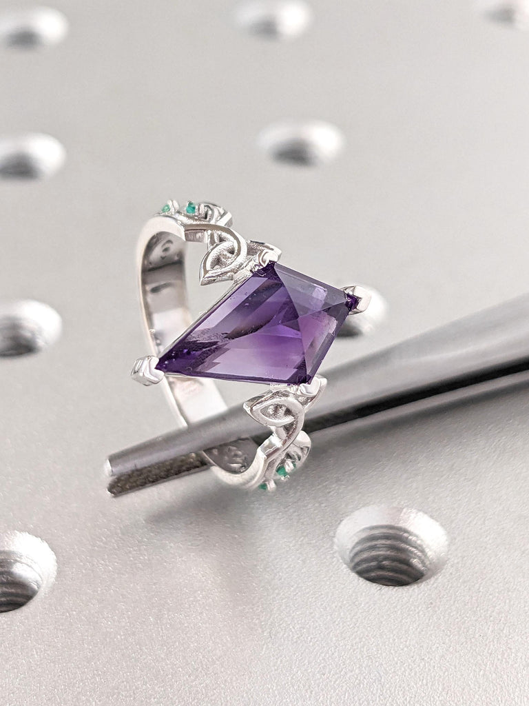 Amethyst Ring | Vintage Kite cut Amethyst Engagement Ring | 14k White Gold Celtic Knot Wedding Ring Women | February Birthstone Ring Gift