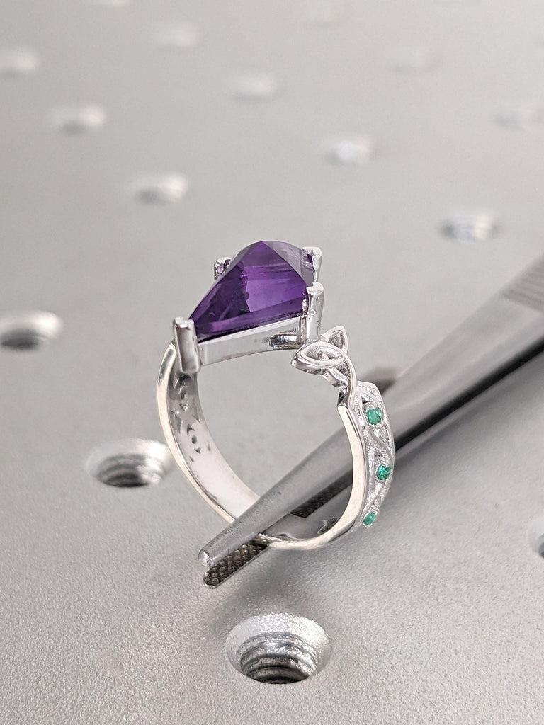 Natural Amethyst and Emerald Engagement Ring | 14k 18k White Gold Women Wedding Ring | Purple and Green Gemstone Ring