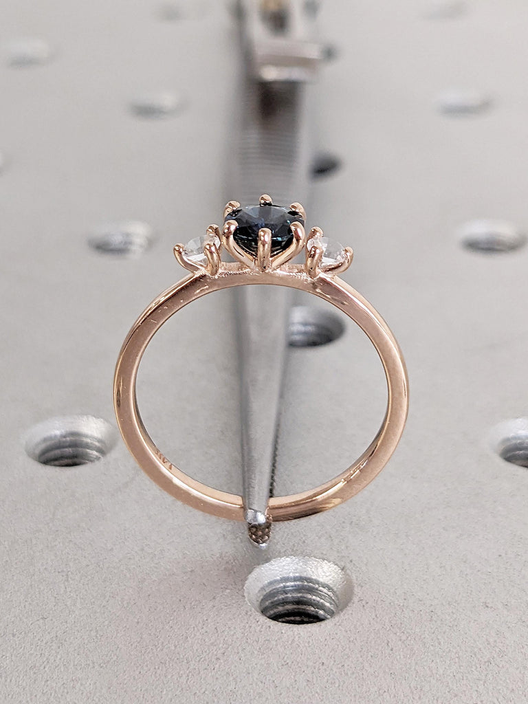 Round Montana Sapphire and Moonstone Engagement Ring, Rose Gold Ring, Three Stone Ring, Vintage Peacock Sapphire Ring, Gold Moonstone Ring